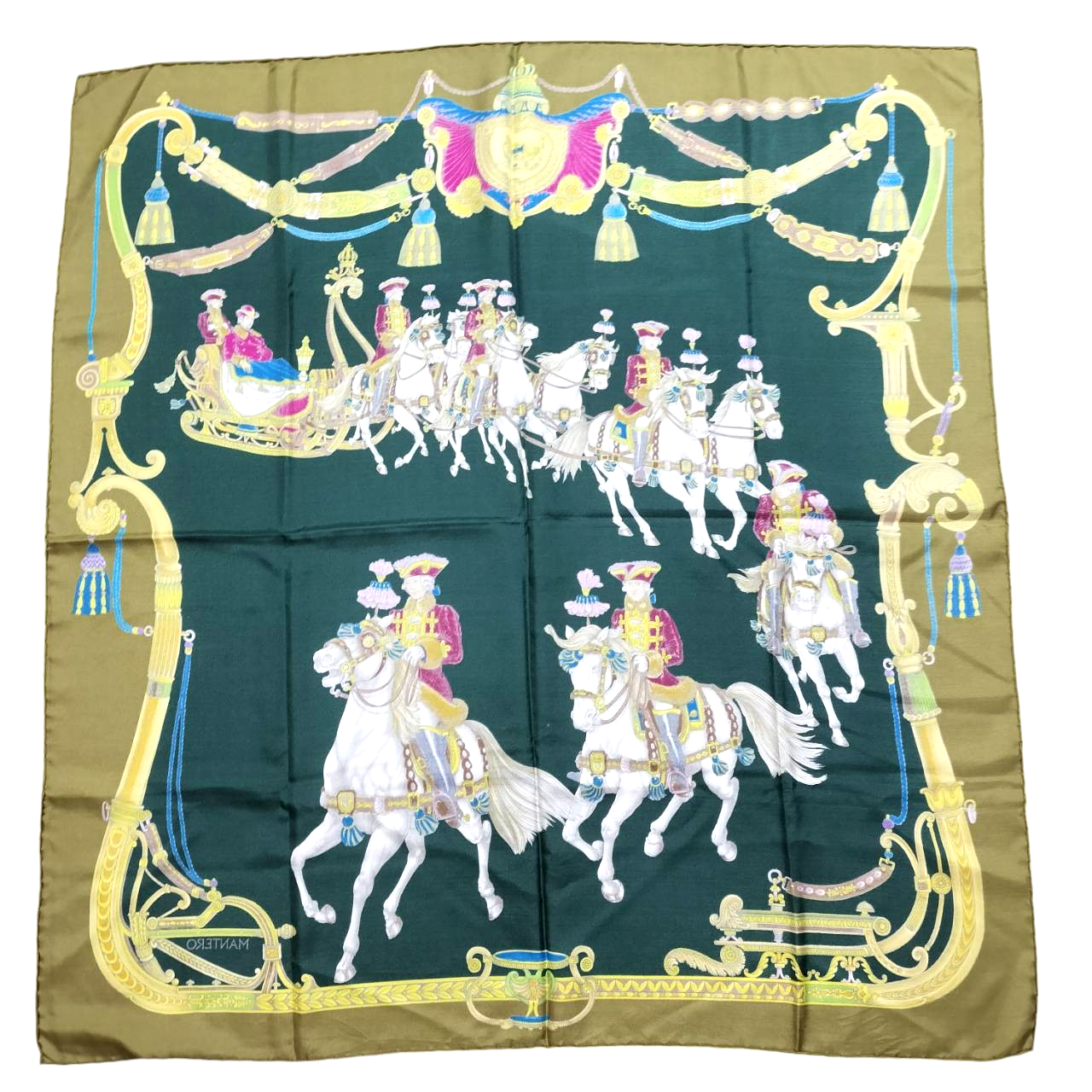 美品★MANTERO マンテロ シルクスカーフ 馬 ロゴ
