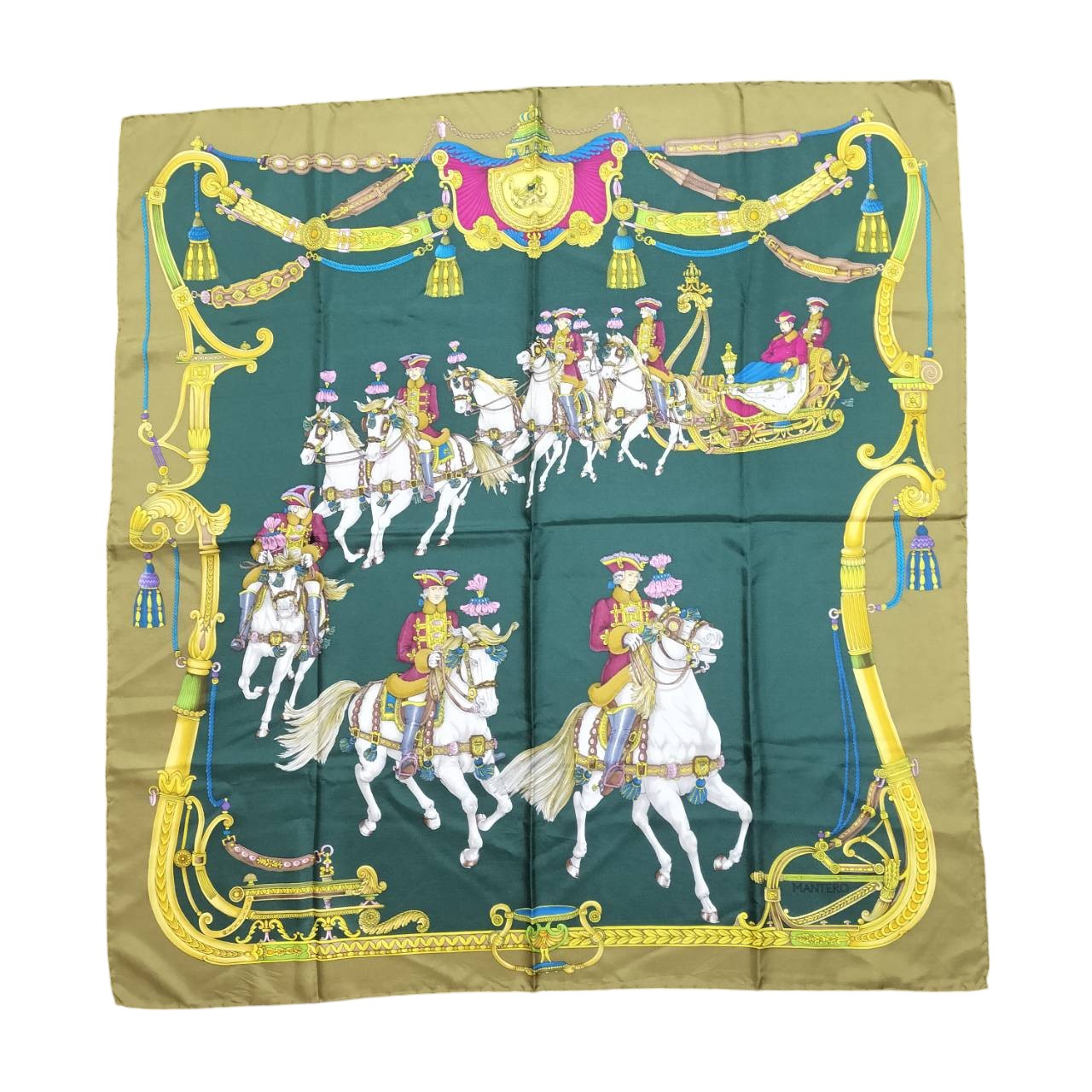 美品★MANTERO マンテロ シルクスカーフ 馬 ロゴ